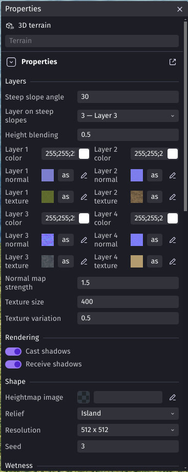 The properties of a 3D terrain: layers, textures, normal maps and shape